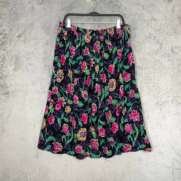 K.C. Craig Dresses & Skirts - Vintage‎ 90s Black Floral Midi Skirt Elastic Waist Rayon Large/XL Cottagecore
